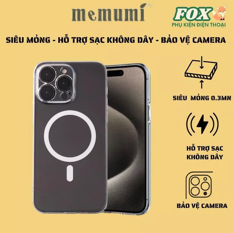 Ốp lưng siêu mỏng Memumi trong suốt chống ố vàng hộ trợ sạc không dây IPhone 14 15 16Promax Pro Plus