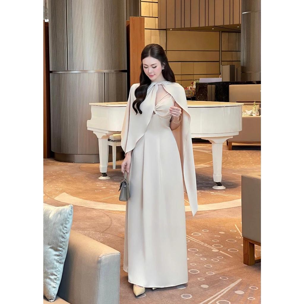 Orli label | Peony Dress | Đầm viscose xoắn ngực màu be gold + áo khoác choàng Organza Freesize