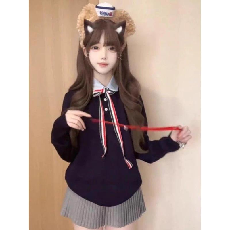 Phiên bản Hàn Quốc đầu mùa thu Bộ đồ phong cách Preppy, Áo len dệt kim + Váy xếp li