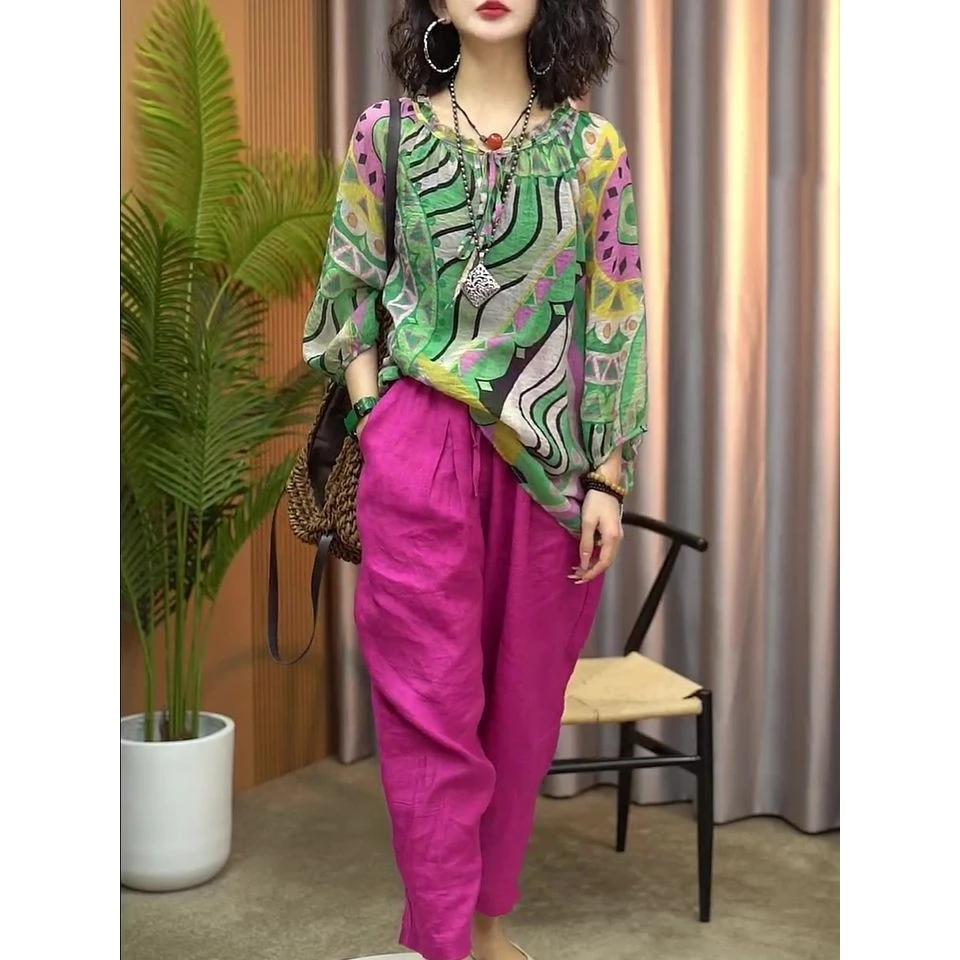 Phong Cách Dân Tộc Vải Lanh Cotton Phù Hợp Với Nữ Đơn Giản Phù Hợp Với Mùa Xuân Mùa Hè Phong Cách Mới In Hình Retro + Quần Hậu Cung Phù Hợp Với Hai Mảnh Quần Áo Nữ
