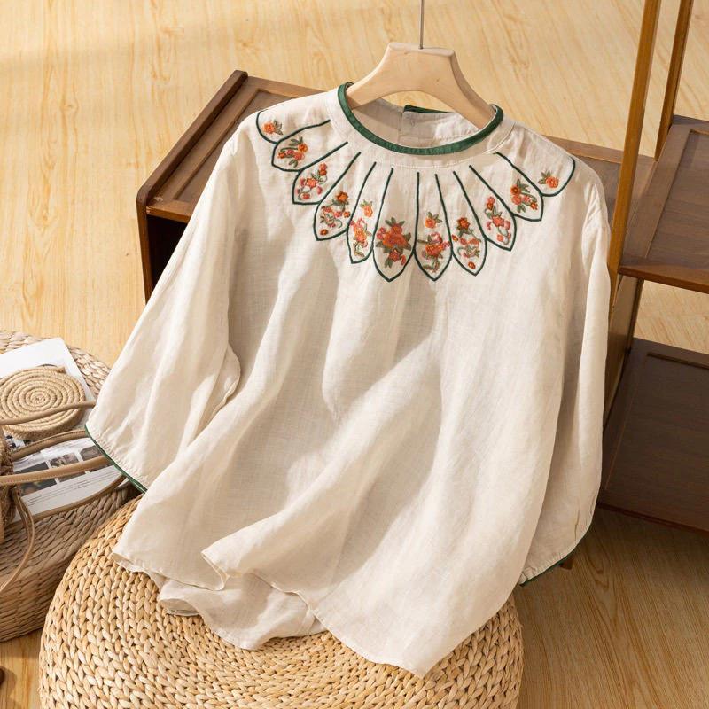 Phong Cách Dân Tộc Vải Lanh Cotton Top Nữ Văn Học Retro Công Nghiệp Nặng Thêu Rời Áo Sơ Mi Tay Ba Phần Tư Nữ Mùa Hè Mới
