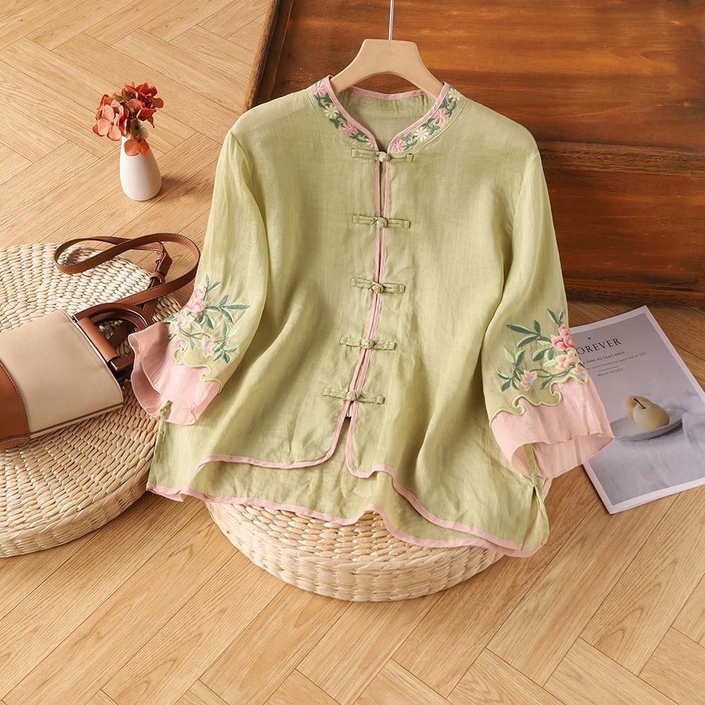 Phong Cách Mới Phong Cách Quốc Gia Vải Lanh Cotton Mùa Hè Retro Dân Tộc Thêu Top Nữ Đơn Giản Phù Hợp Với Rời Đĩa Văn Học Nút Màu Sắc Phù Hợp Với Áo Sơ Mi Tay Ba Phần Tư Quần Áo Nữ