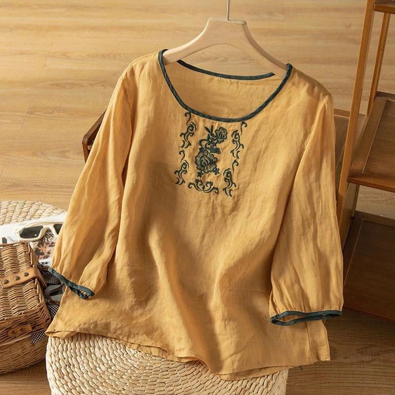 Phong Cách Mỏng Vải Lanh Cotton Ba Phần Tư Tay Thêu Top Nữ Đơn Giản Phù Hợp Với Văn Học Retro Áo Chui Đầu Rời Mỏng Hơn Nhìn Màu Sắc Phù Hợp Với Phong Cách Trung Hoa