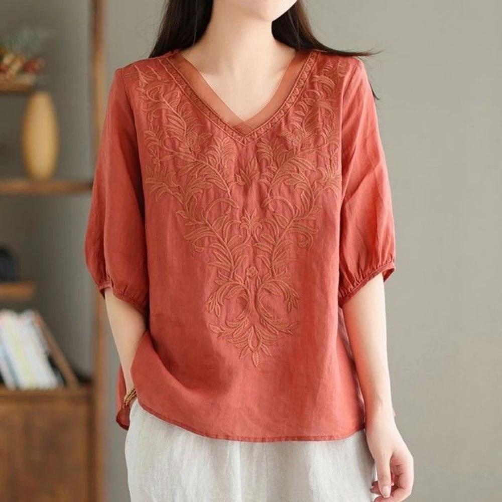 Phong Cách Retro Cotton Cổ Chữ v Tay Ngắn Top Nữ Rời Size Lớn Thêu Đơn Giản Phù Hợp Với Áo Sơ Mi Mỏng Nhỏ T @ -