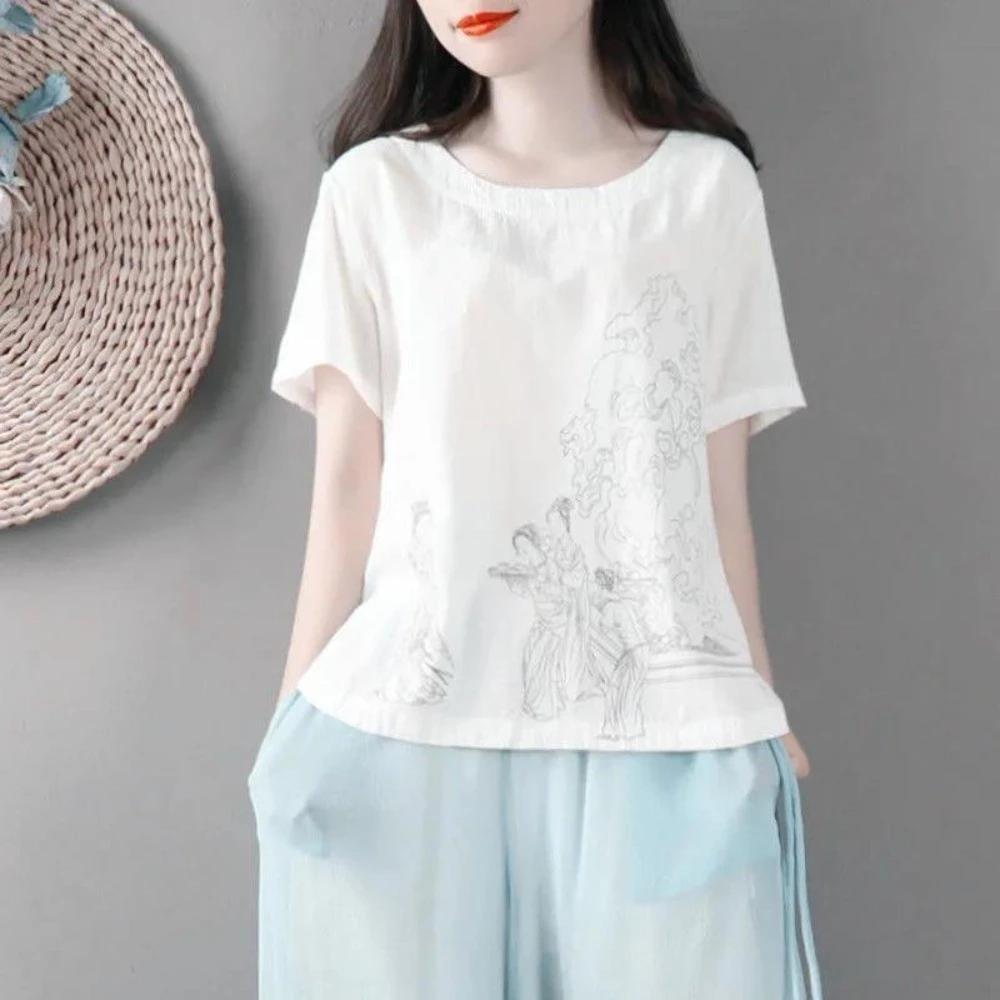 Phong Cách Trung Hoa Nghệ Thuật Retro Vải Lanh Cotton Top Nữ Mùa Hè 2024 Đơn Giản Phù Hợp Với Phong Cách Mới Ngắn Tay Cổ Tròn Rời Kích Thước Lớn Áo Thun Thường Ngày