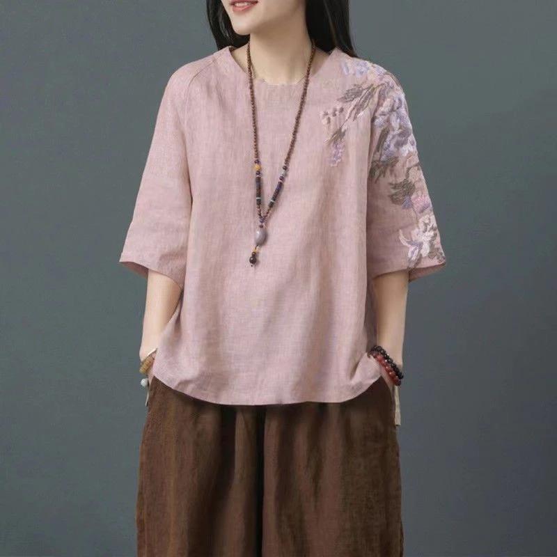 Quần áo nữ dáng rộng Plus Size Mẹ trung niên Vải lanh mùa hè thêu vải lanh Cotton đơn giản phù hợp cho nữ Áo ngắn tay giảm tuổi đến mắt cá chân Quần dài phù hợp với nữ