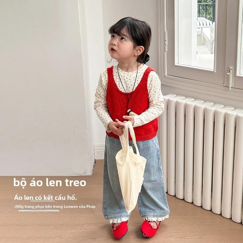 Quần áo trẻ em 2025 mùa xuân mới, bộ đồ cho bé gái phong cách Hàn Quốc, áo len dây và quần jeans kết hợp cho trẻ nhỏ và bé gái