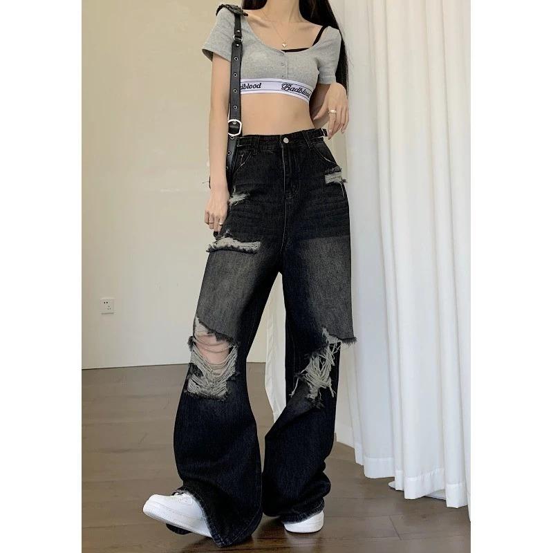 Quần jean rách High Street của Mỹ, quần ống rộng phù hợp mùa hè