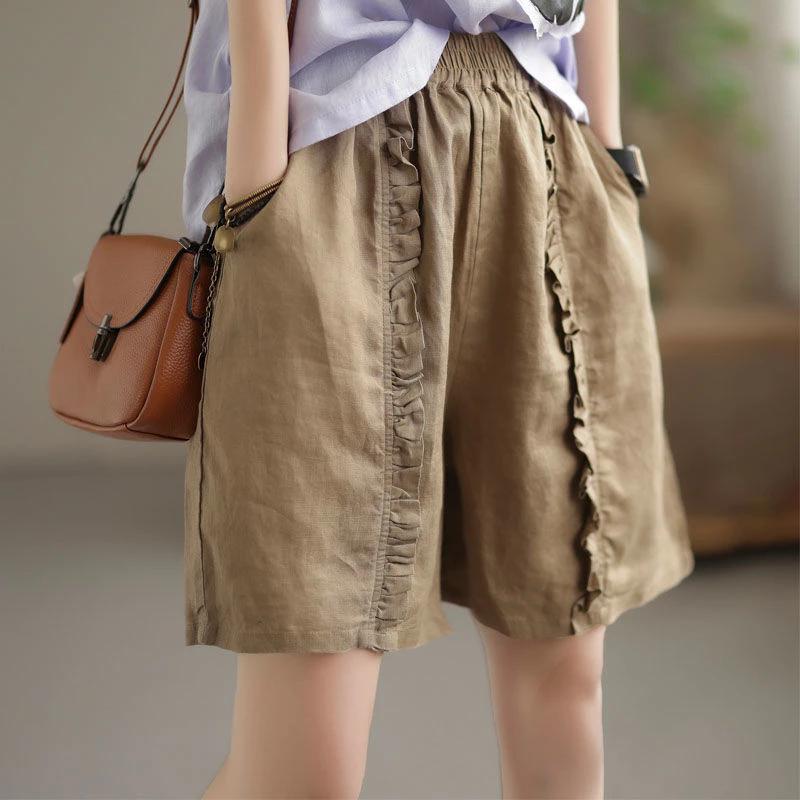 Quần Short Cotton Nguyên Chất Nữ Mùa Hè Mới Quần Đơn Giản Phù Hợp Với Tất Cả Trận Đấu Rời Retro Xếp Ly Vải Lanh Cotton Co Giãn Eo Quần Nữ Hậu Cung Quần