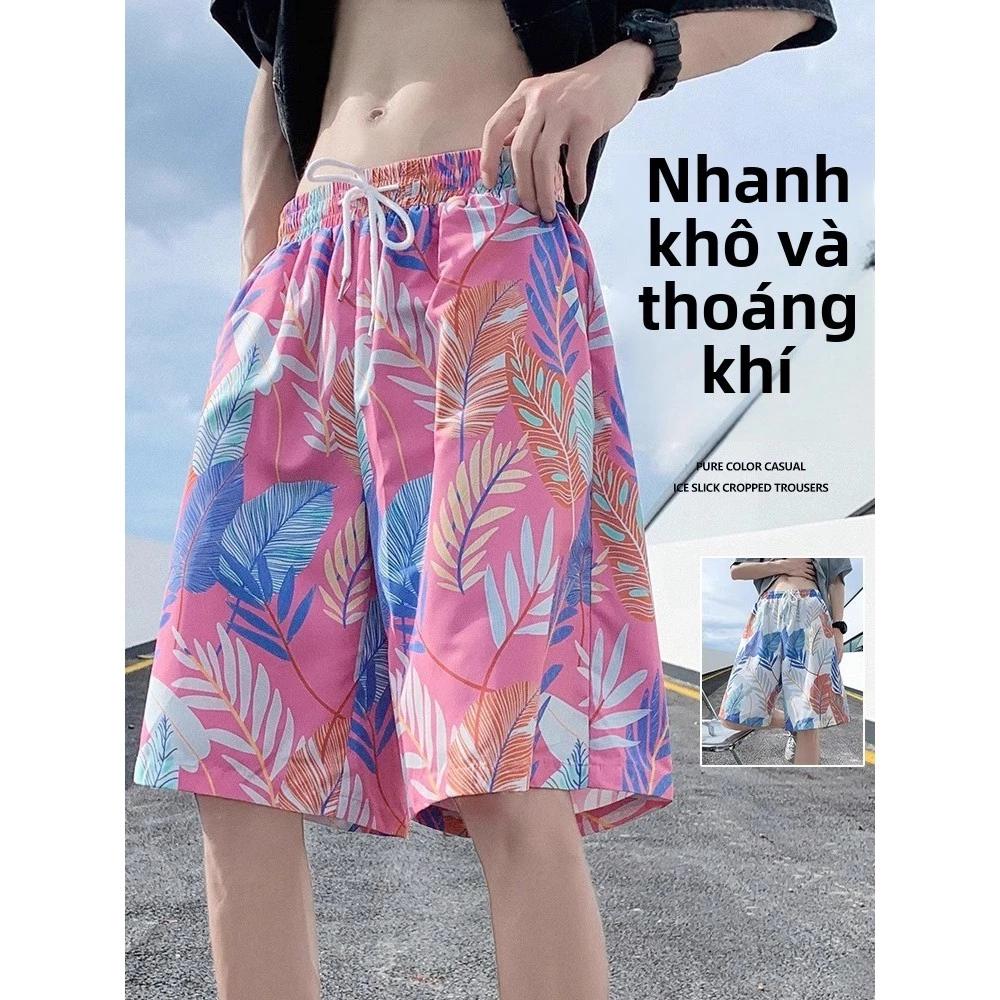 Quần short đi biển nam, Quần bơi khô nhanh mỏng mùa hè, Quần lớn in hình hợp thời trang
