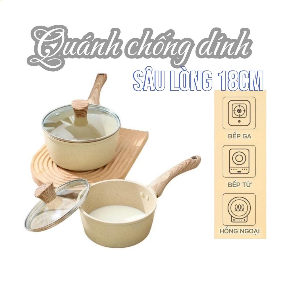 Quánh chống dính 18cm xịn có nắp - Nồi đáy từ chống dính vân đá có nắp đậy dùng bếp từ, mọi loại bếp