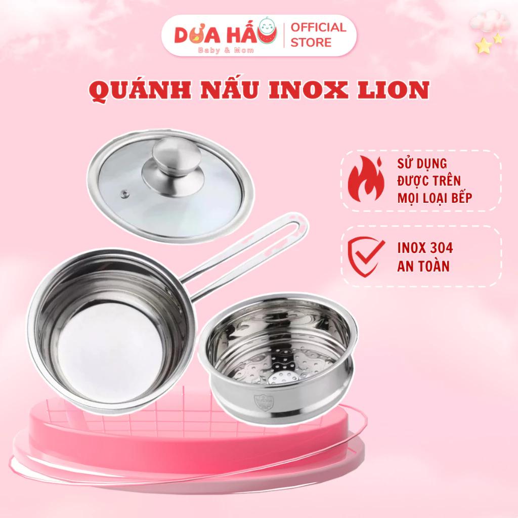 Quánh Nấu Cháo Ăn Dặm Cho Bé Inox 304 Lion Chống Dính Kèm Xửng, Quánh Nấu Đồ Ăn Dặm Cho Bé size 16cm Dùng Trên Mọi Bếp