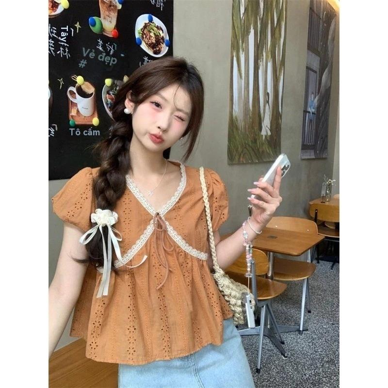 Ren Rỗng Puff Tay Áo Sơ Mi Ngọt Ngào Nữ Mùa Hè Phong Cách Mới Thiết Kế Niche Ngắn Tay Áo Sơ Mi Top
