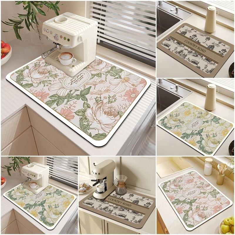 Retro Hoa Nhà Bếp Thoát Nước Miếng Lót Thấm Nước Nhà Bếp Thoát Nước Thảm Chống Trơn Trượt Placemats Máy Cà Phê Sấy Thảm Để Bàn Trang Trí