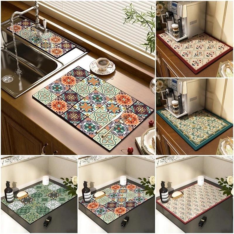 Retro Hoa Thoát Thảm Thấm Hút Nước Bồn Rửa Thảm Nhà Bếp Chống Trơn Trượt Thoát Nước Pad Sấy Nhanh Máy Cà Phê Pad