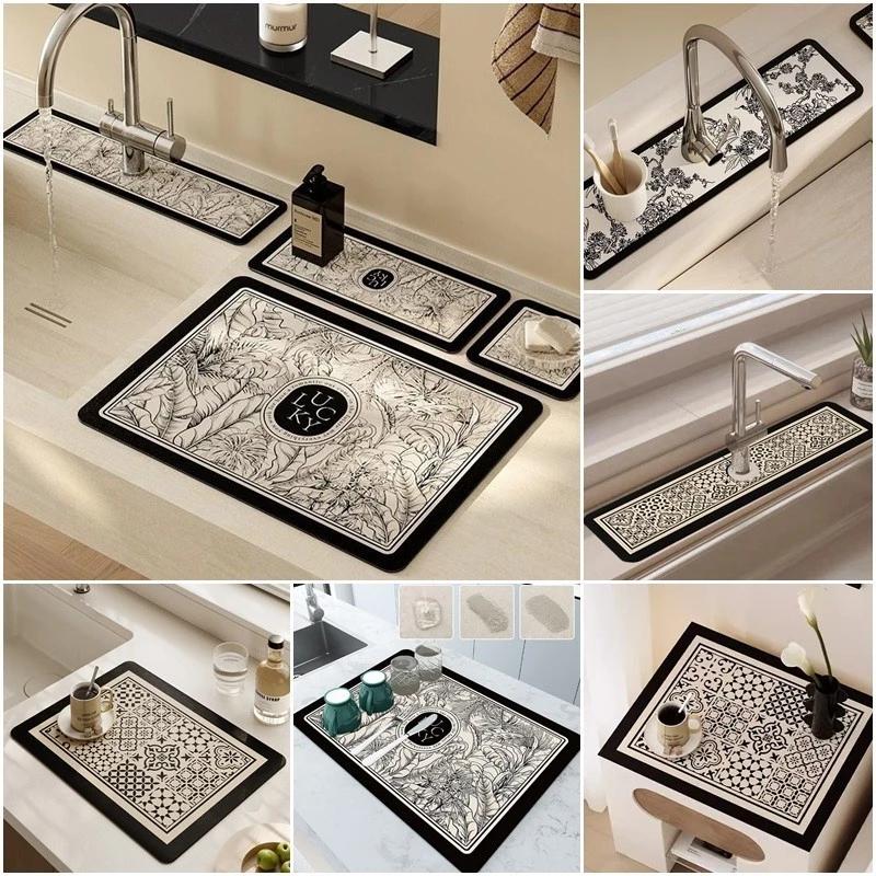 Retro Hoa Vòi Bếp Thoát Nước Miếng Lót Để Bàn Nhanh Khô Đĩa Thảm Thấm Nước Miếng Lót Cho Nhà Bếp Phòng Tắm