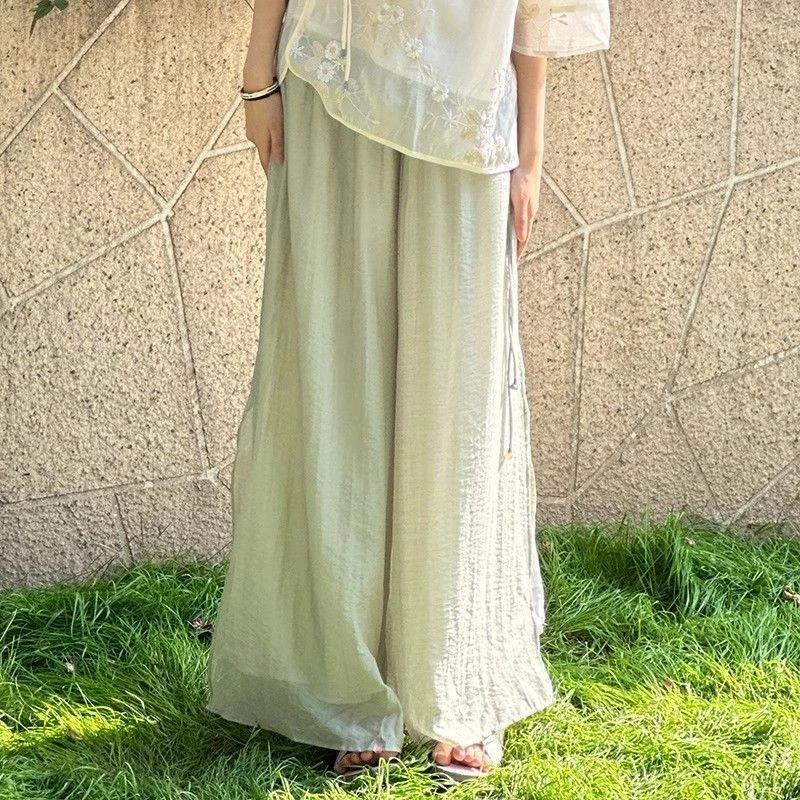 Retro Thêu Hai Lớp Quần Ống Rộng Plus Size Nữ Đơn Giản Phù Hợp Với Quần Cổ Tích Thanh Lịch D
