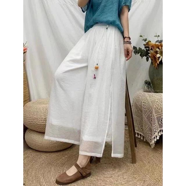 Retro Thêu Hai Lớp Quần Ống Rộng Plus Size Quần Áo Nữ Thanh Lịch Cổ Tích Quần Drap Slimmer