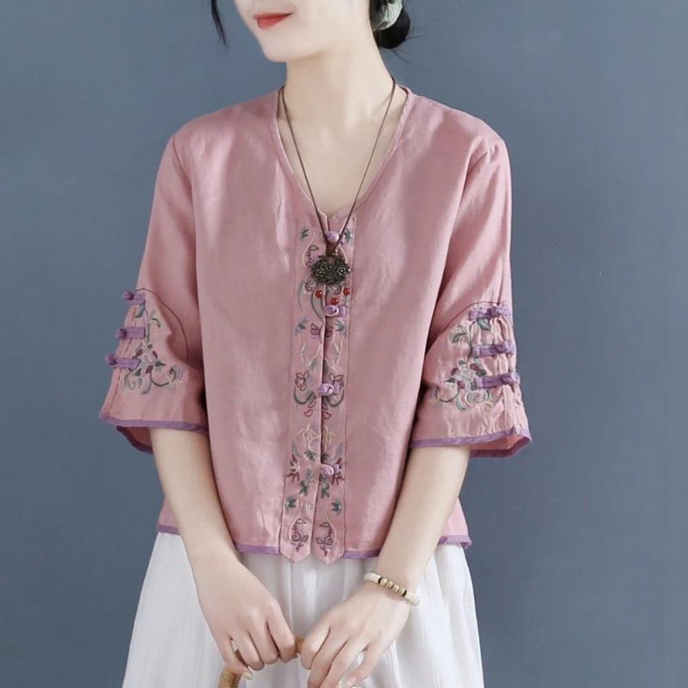 Retro Thêu Nút Vải Lanh Cotton Áo Sơ Mi Nữ Đơn Giản Phù Hợp Với Mùa Hè Phong Cách Mới Trung Quốc Thiền Trà Đầm Rời Ngắn Cổ Chữ v Top Quần Áo Nữ