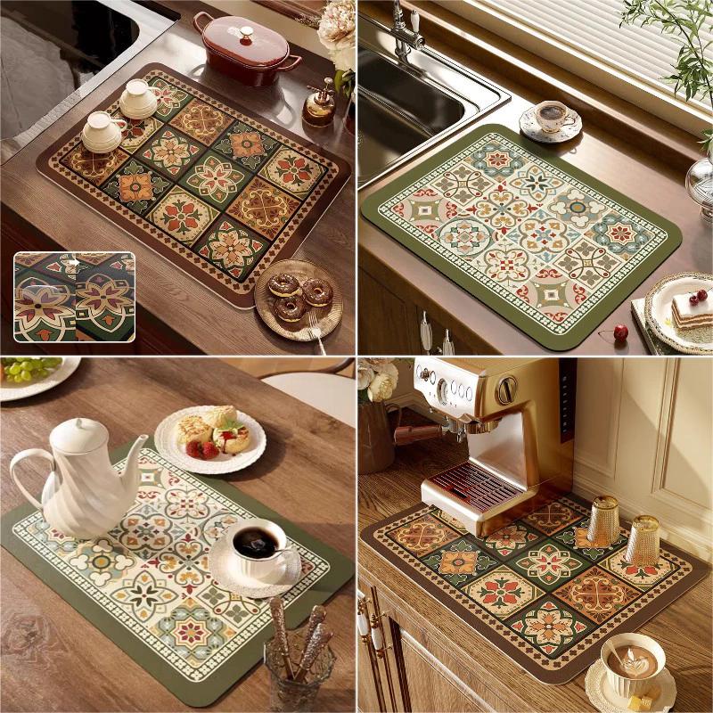 Retro Thoát Nước Miếng Lót Nhà Bếp Mặt Bàn Thoát Nước Thảm Thời Trang Chống Trượt Placemats
