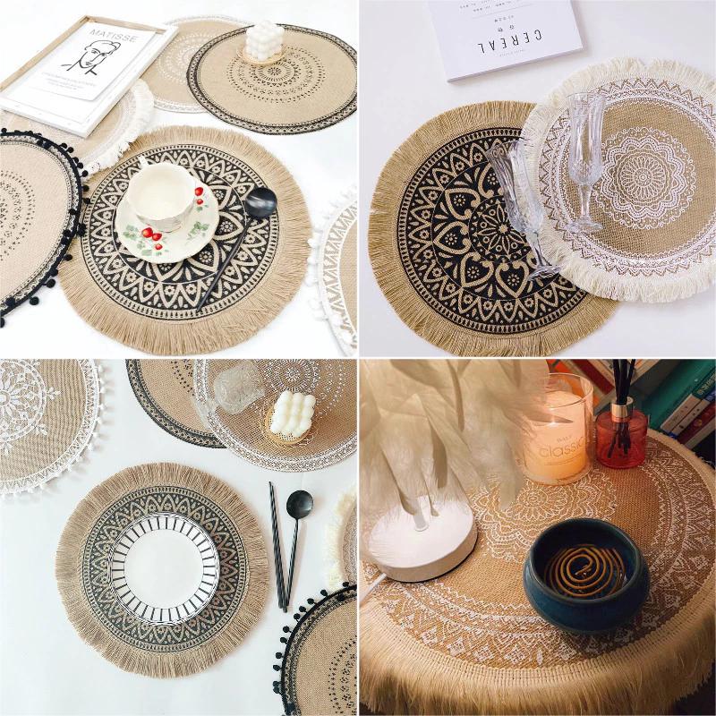 Retro Tua Rua Vải Lanh Placemat Phong Cách Bắc Âu Thảm Ăn Tròn Cách Nhiệt Đế Lót Ly