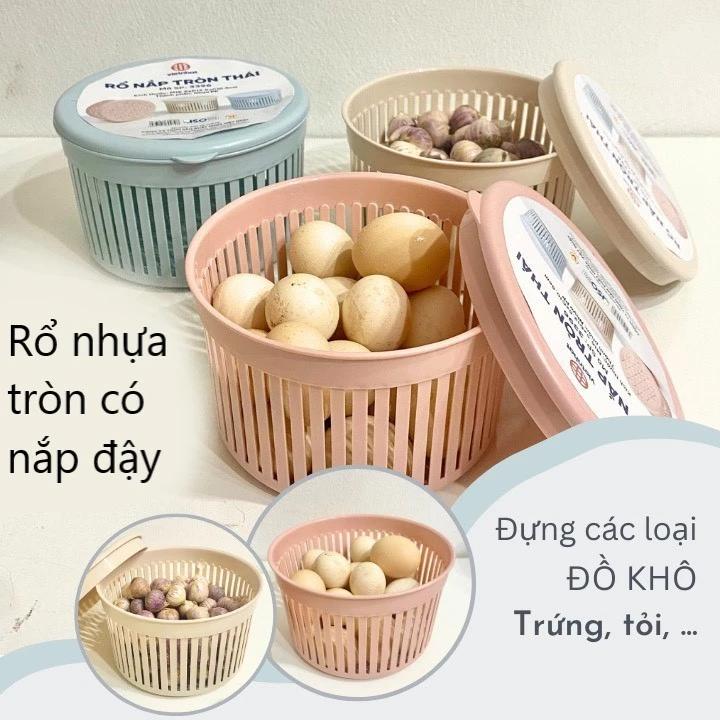 Rổ nhựa có nắp tròn thái Việt Nhật (MS: 3396), Rổ đựng trứng có nắp, Hộp đựng hành tỏi, giữ độ tươi của hành tỏi