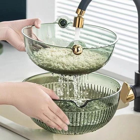Rổ PET rửa rau, vo gạo khô nước 2 lớp dáng tròn núm tròn đa năng cao cấp 25.7x25.7x12.8cm