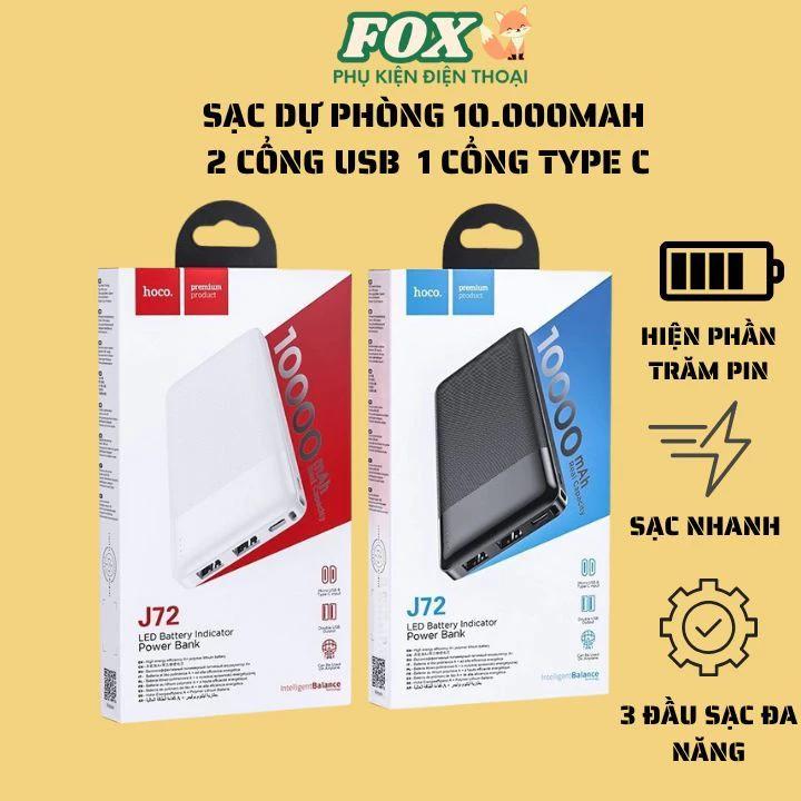 Sạc dự phòng chính hãng Hoco J72 dung lượng 10.000mah 2 cổng USB 1 cổng Type C Input/Output max 2A