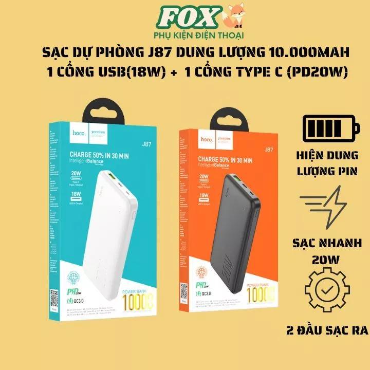 Sạc dự phòng chính hãng Hoco J87 dung lượng 10.000mah sạc nhanh 1 cổng USB(18w)+1 cổng Type C(20w)