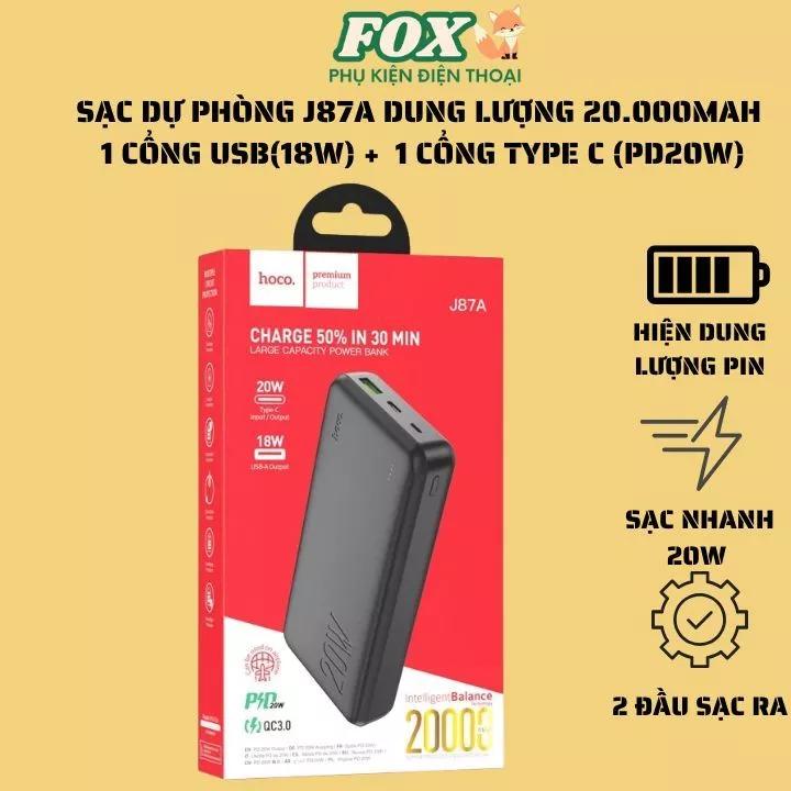 Sạc dự phòng chính hãng Hoco j87A dung lượng 20.000mah sạc nhanh 1 cổng USB(18w)+1 cổng Type C(20w)