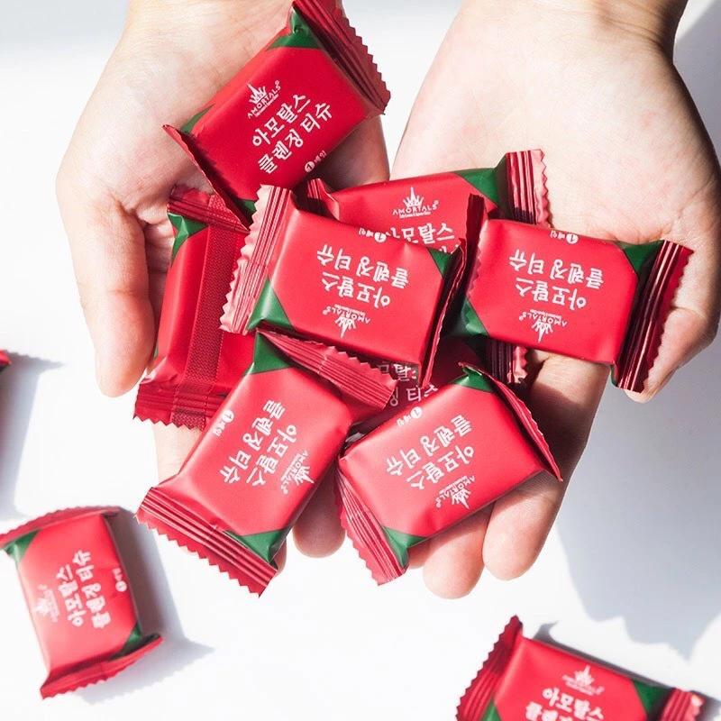 SET 10 cái - Khăn giấy nén dạng viên kẹo Hàn Quốc, khăn lau mặt du lịch có thể tái sử dụng MÀU ĐỎ