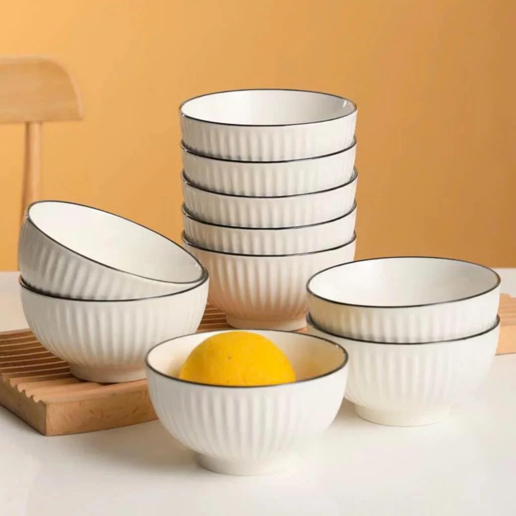 Set 10 chén cơm tròn sọc sứ trắng viền đen, chén sứ dày ăn cơm, decor sang trọng
