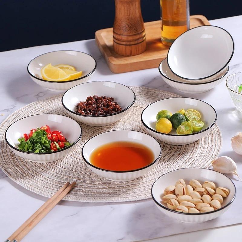 Set 10 dĩa chấm tròn cạn sứ trắng viền đen, dĩa sứ trang trí, decor sang trọng
