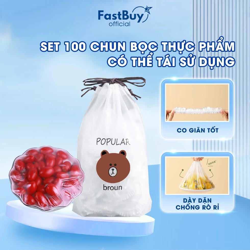Set 100 Cái Màng Bọc Thực Phẩm, Túi Bọc Thực Phẩm Đa Năng PE Hình Gấu Có Vòng Giun Co Dãn Tái Sử Dụng Nhiều Lần
