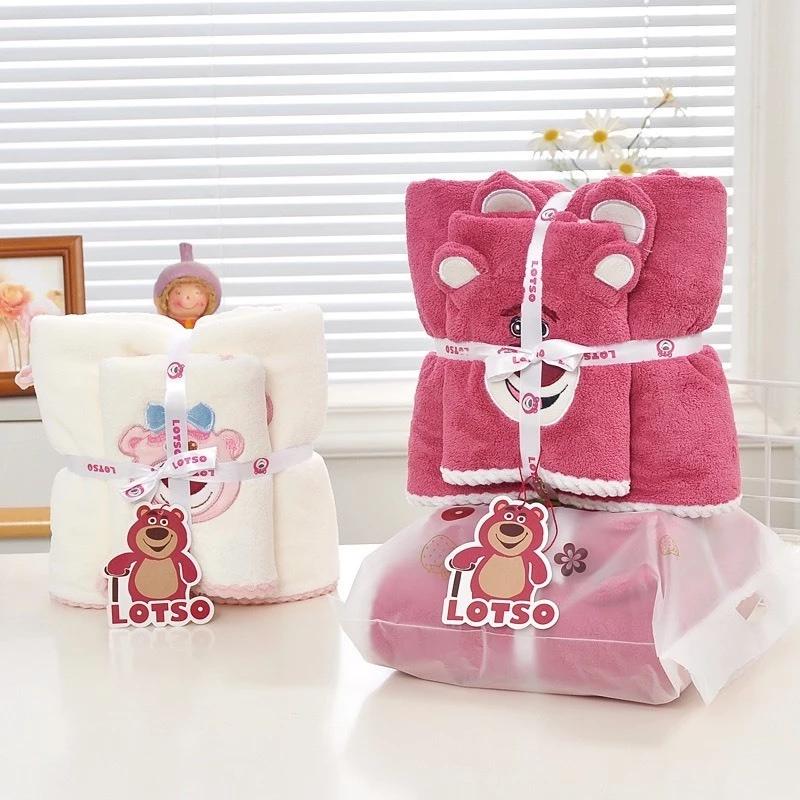 Set 2 Khăn Tắm Gấu Dâu LOSTO Siêu Mềm Mịn Thấm Hút Tốt Kèm Túi Zip - Bộ 2 Món Khăn Mặt & Khăn Tắm Hàn Quốc Hình Gấu Hồng