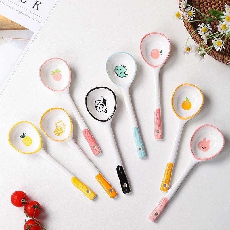 Set 2 Muỗng gốm sứ IN HỌA TIẾT dễ thương, thìa trộn gia đình dễ thương, thìa tráng miệng cầm tay dài, thìa súp trẻ