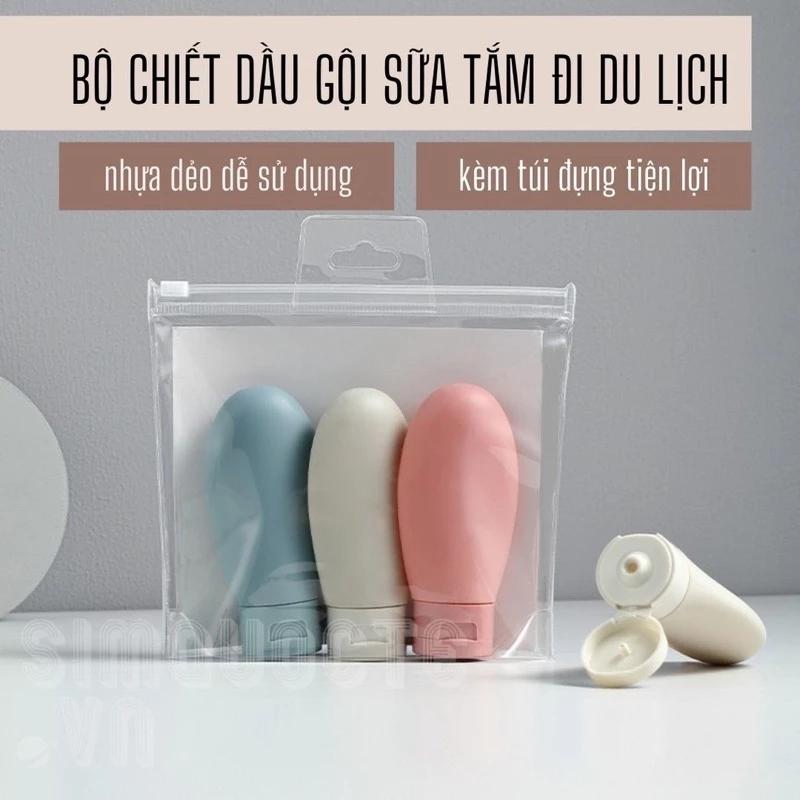Set 3 chai 60ml - Chai, Lọ chiết mỹ phẩm, dầu gội, sữa tắm mang đi du lịch siêu tiện lợi kèm túi zip