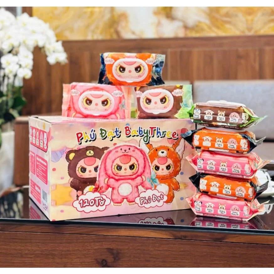 Set 3 Khăn Ướt Phú Đạt BABY3, An Toàn Cho Da Bé Date Mới Không Mùi, 120 Tờ Kép