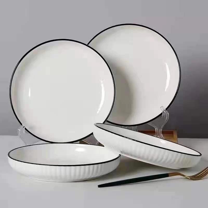 Set 5 dĩa tròn cạn sứ trắng viền đen 19.5cm, dĩa sứ trang trí, decor sang trọng