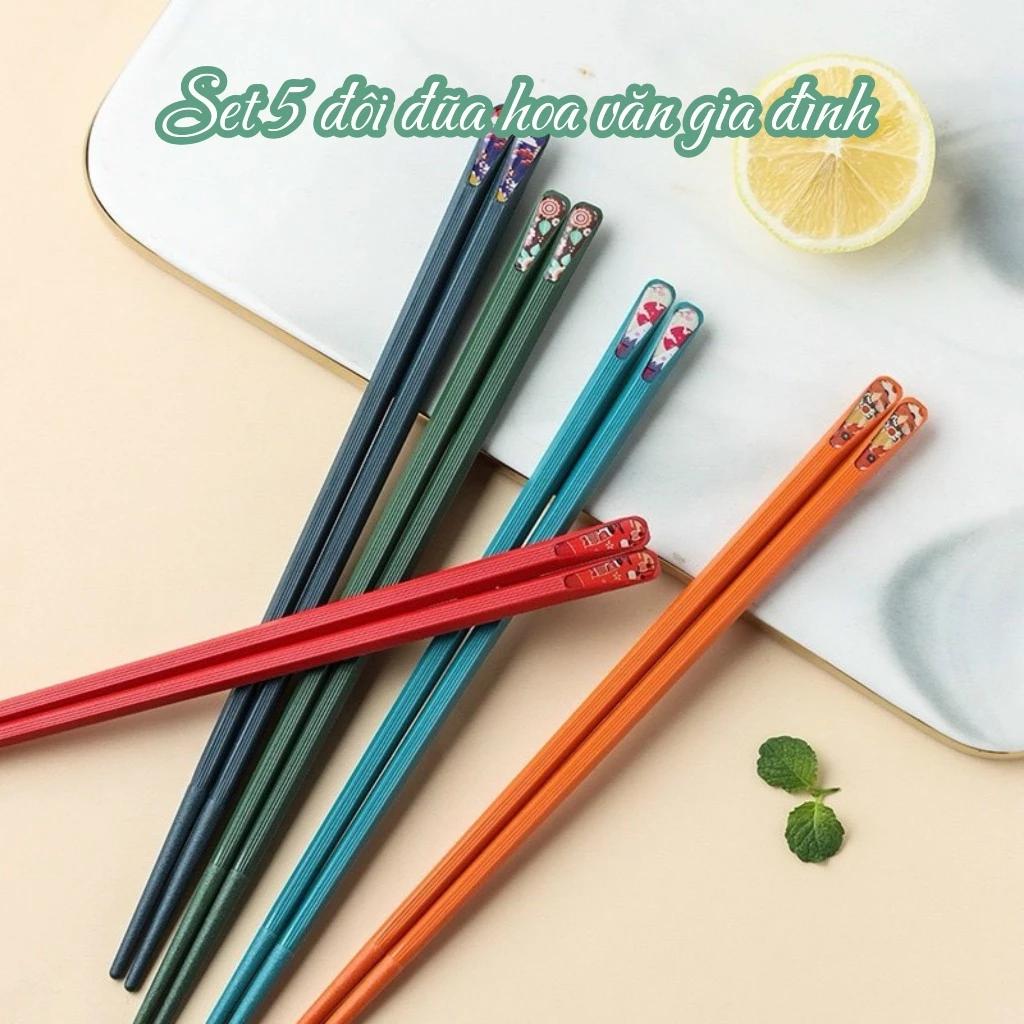 Set 5 Đôi đũa hợp kim sợi thủy tinh chống mốc, chống trơn trượt, kháng khuẩn hoa văn Nhật