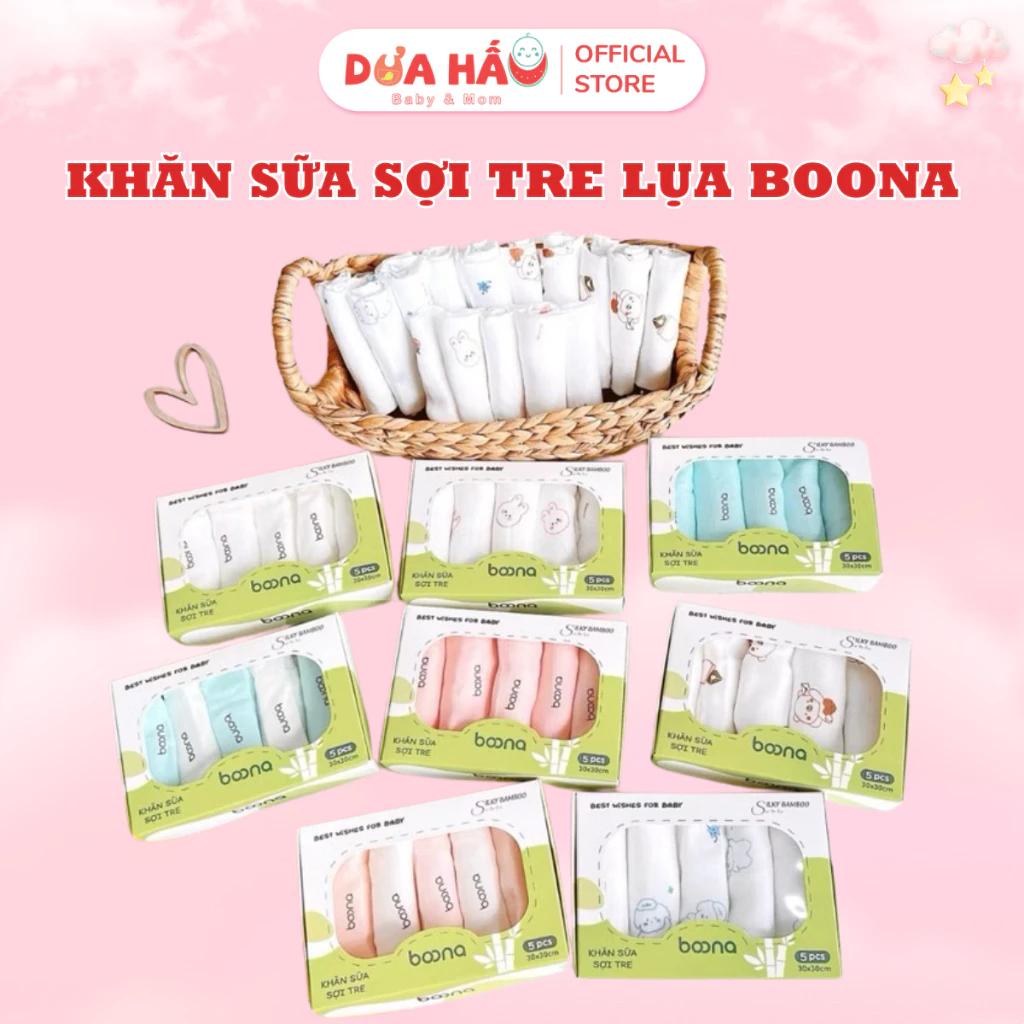 Set 5 Khăn Sữa Sợi Tre Lụa Boona Cao Cấp Kháng Khuẩn, Mềm Mịn Size 30x30cm Phù Hợp Cho Bé Sơ Sinh
