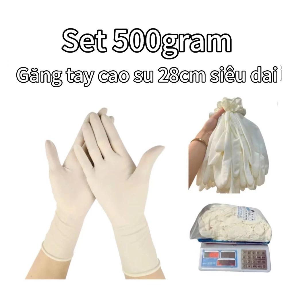 Set 500gram Găng tay Cao Su Latex Dài 28cm Không Bột Siêu Dai (tầm 40 cái găng tay)