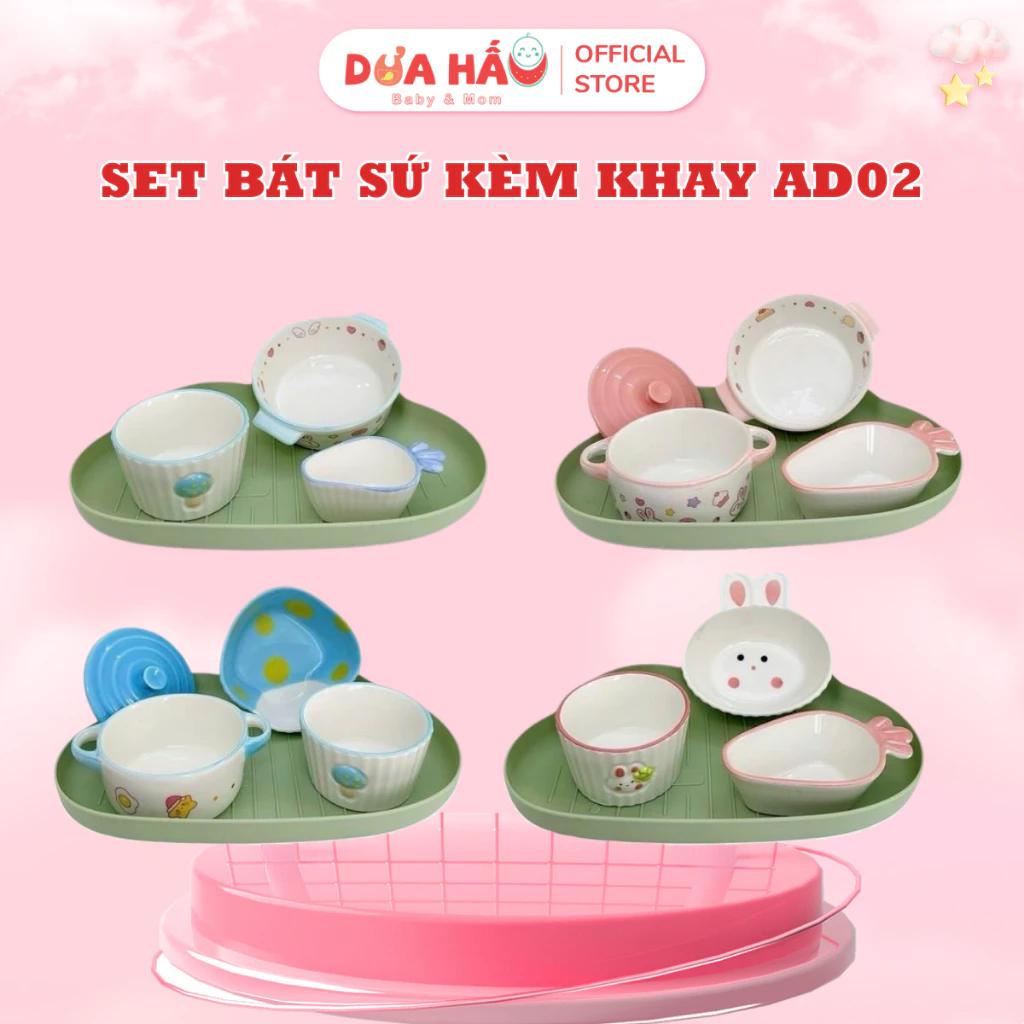 Set Bát Sứ Ăn Dặm Cho Bé Kèm Khay An Toàn, Tiết Kiệm Gốm Sứ - Kem