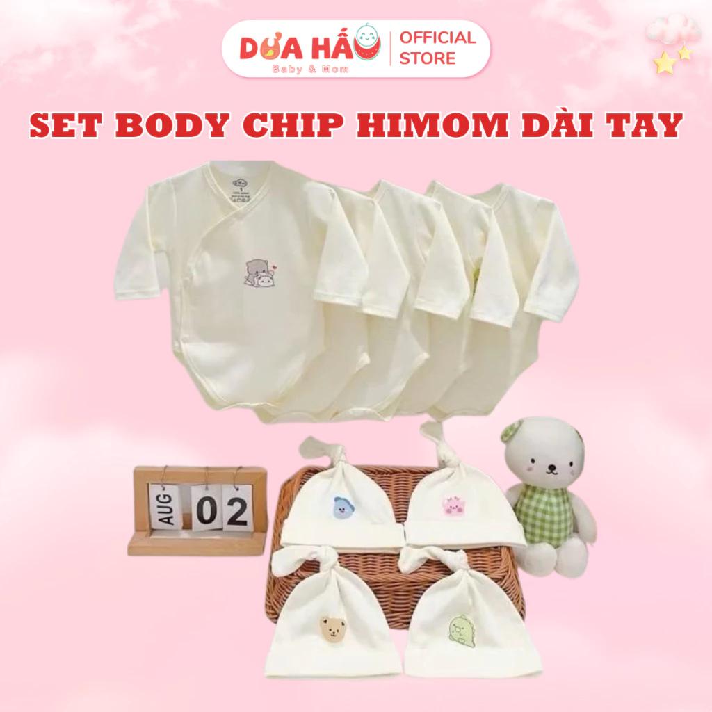 Sét Body Chip Himom Dài Tay Tặng Kèm Mũ Chất Liệu Nỉ Hàn Mỏng Mặc Thu Đông Cho Bé từ 3-7kg Mẫu Trơn Hoạ Tiết Nhỏ