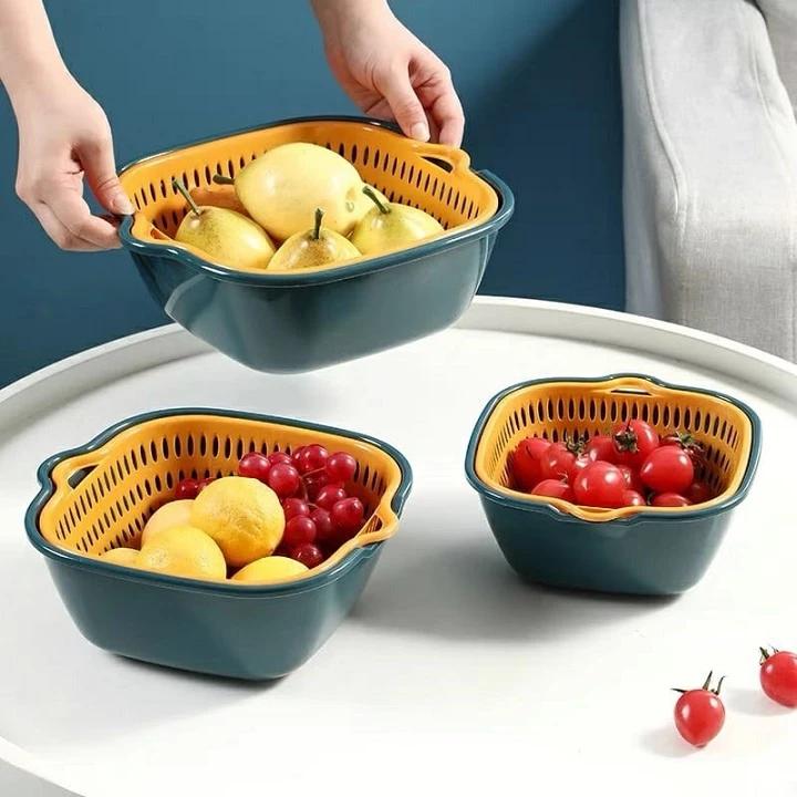 Set rổ 6 món gồn rổ nhựa + chậu hình TRÒN + VUÔNG ráo nước hai lớp cao cấp tiện lợi