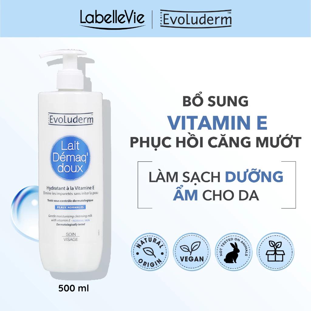 Sữa tẩy trang và rửa mặt Evoluderm bổ sung vitamin E dưỡng ẩm cho làn da mịn màng tươi mát 500ml