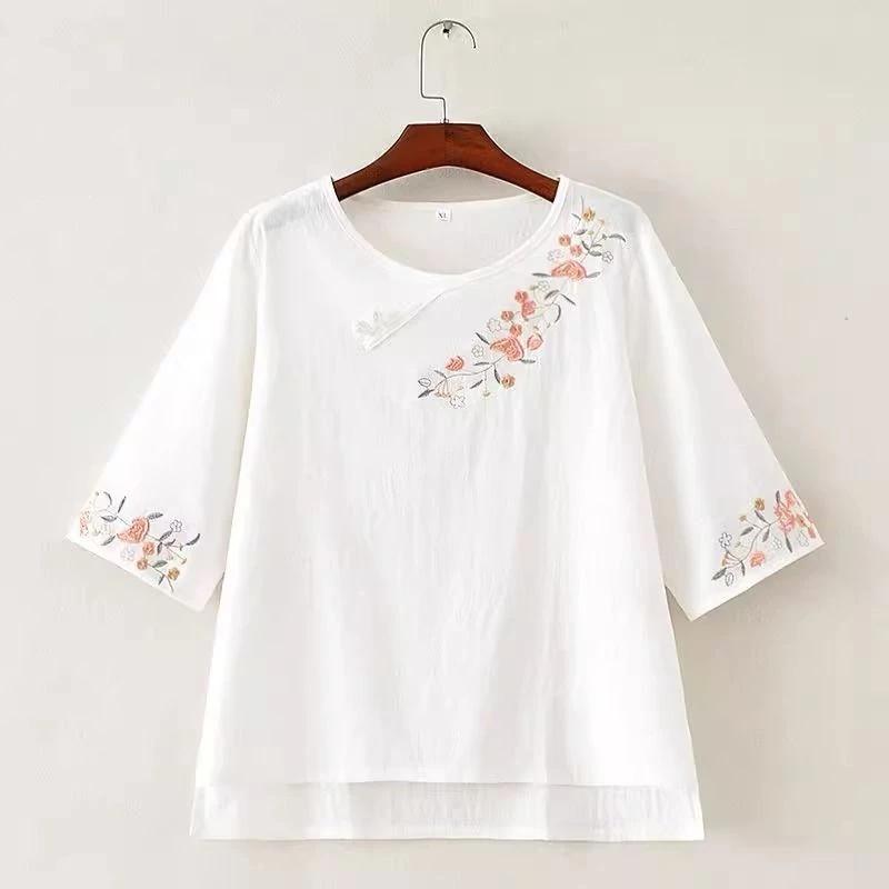 T Đường Phù Hợp Với Nữ Vải Lanh Cotton Thêu Khóa Văn Học Retro Áo Sơ Mi Nữ Đơn Giản Phù Hợp Với Mùa Xuân Mùa Hè Rời Kích Thước Lớn Cotton Nguyên Chất Phong Cách Trung Hoa Hàng Đầu Nữ Quần Áo Nữ Nữ