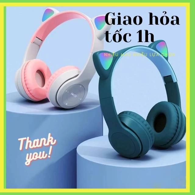 Tai nghe bluetooth không dây chụp tai 5.0 [Giá rẻ ] Mèo dễ thương chùm úp ụp tai có mic, đèn led, âm bass mạnh