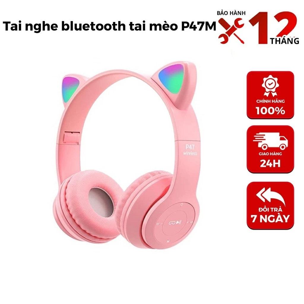 Tai nghe chụp tai bluetooth có mic headphone không dây cute dễ thương tai mèo nghe nhạc Led 7 màu, học online P47