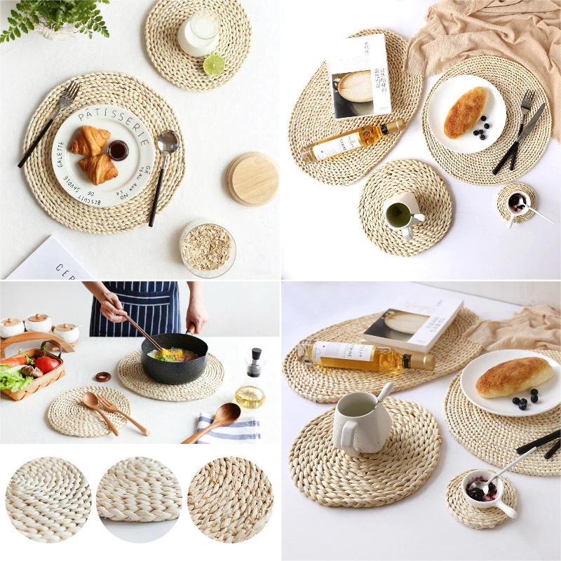 Tấm lót bằng rơm tròn Thảm lót cốc đơn giản Trang trí bàn ăn phong cách Bắc Âu